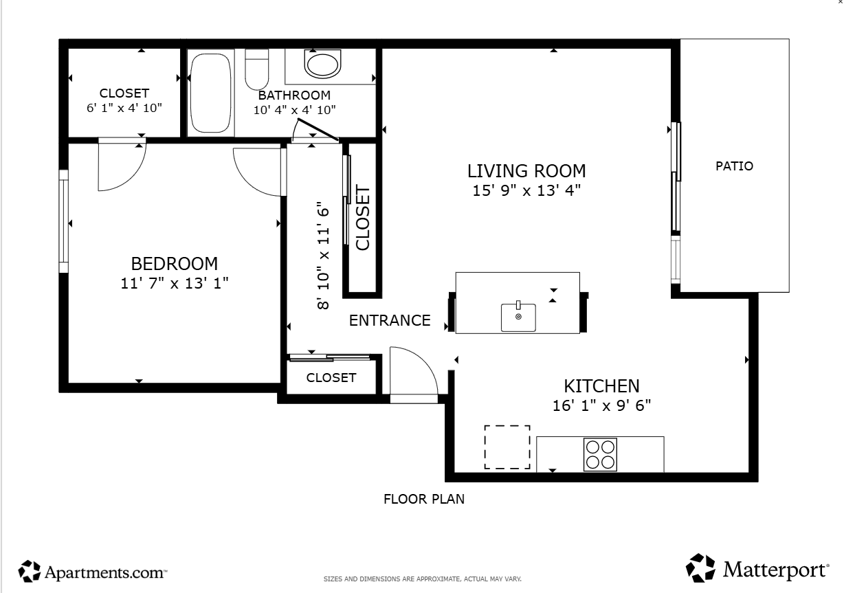 Floor plan for 1 bed, 1 bath, 633 sqft